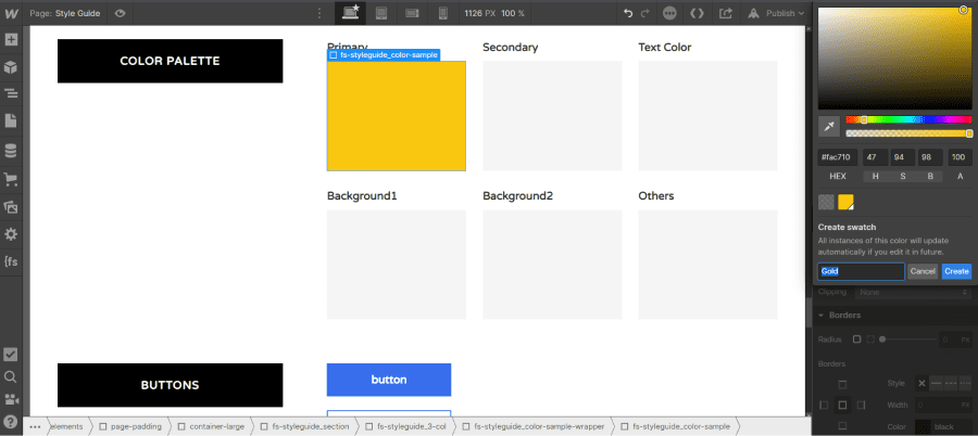 Personnalisation palette de couleurs Webflow