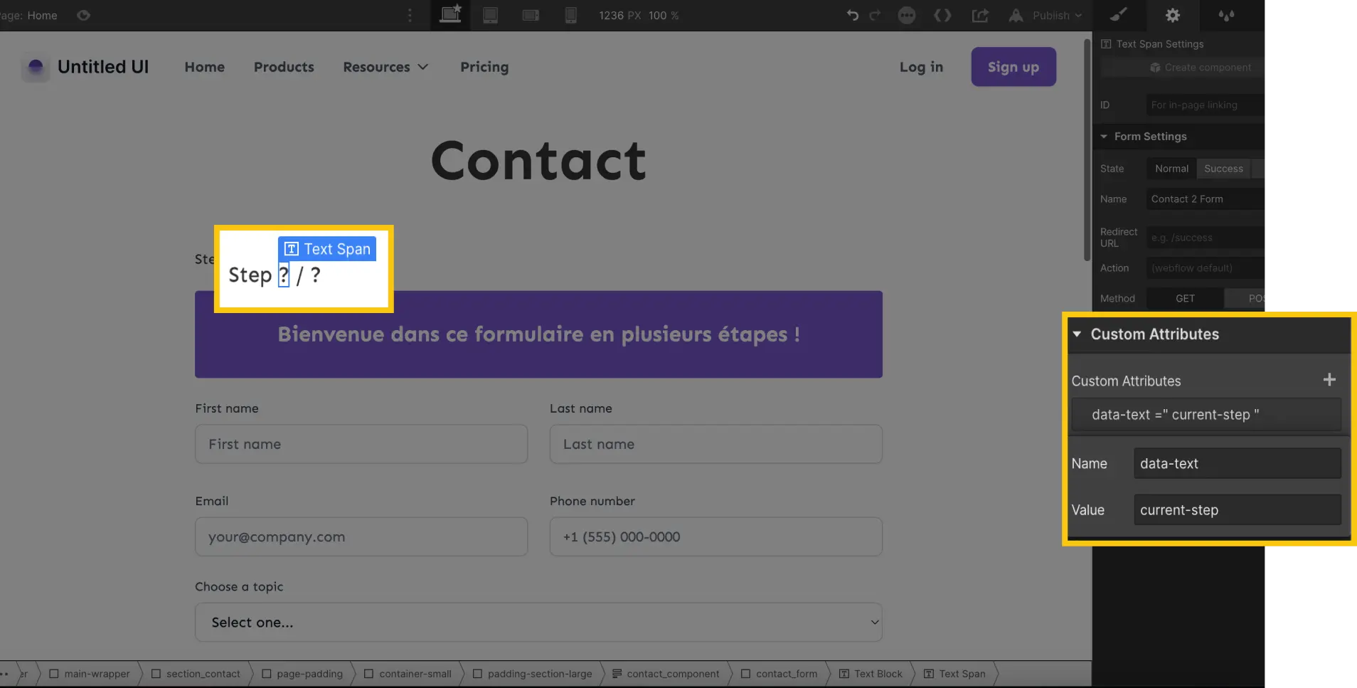 attribut étape actuelle multi step form webflow