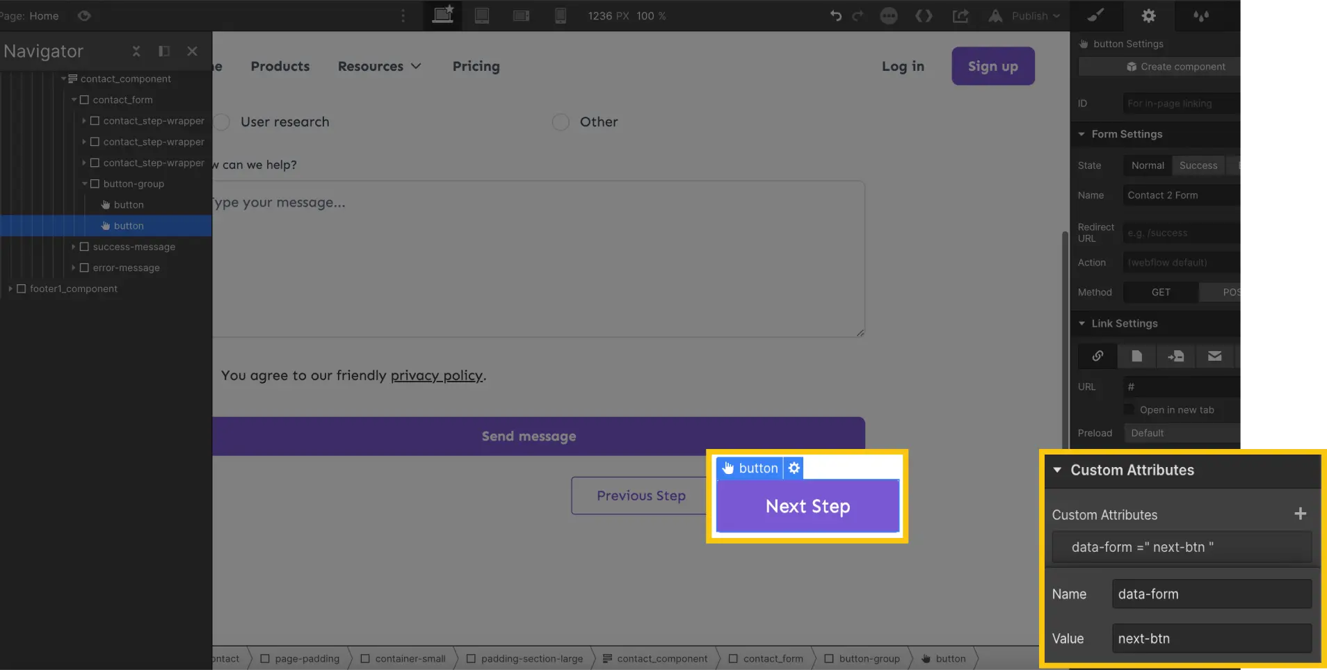 attribut bouton étape suivante multi step form webflow