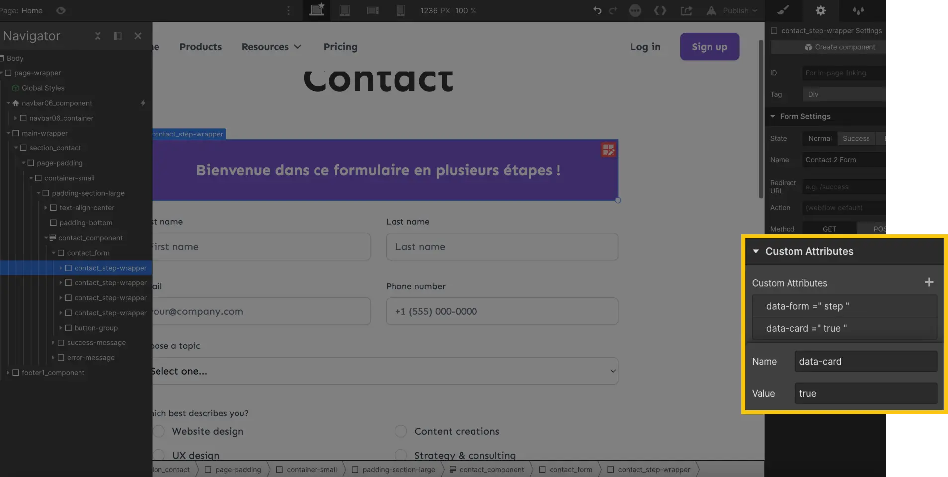 attribut étape décorative multi step form webflow