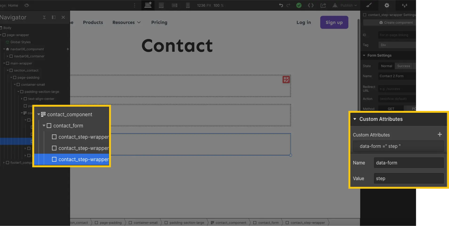 Attribut étape multi step form webflow