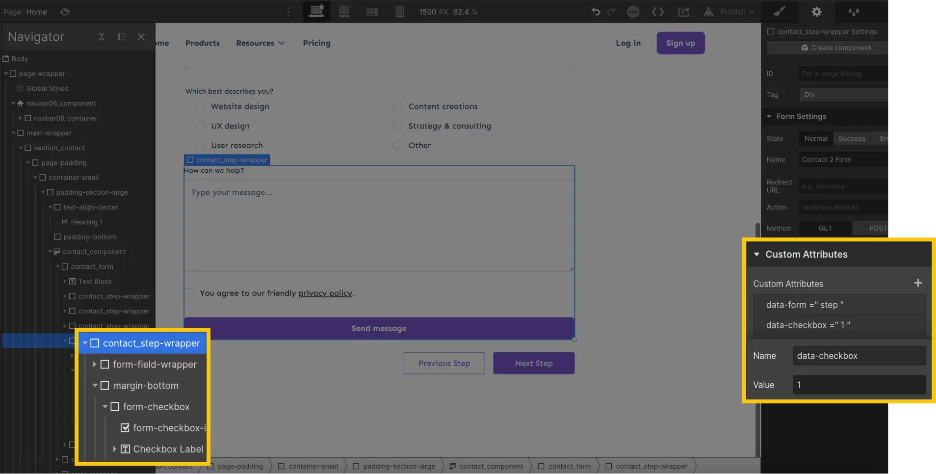 checkbox obligatoire multi step form webflow