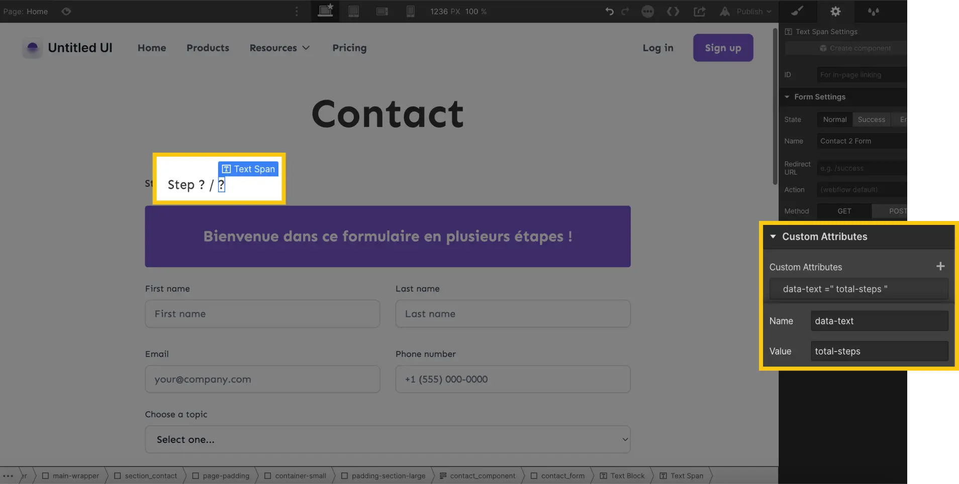 attribut étapes totale multi step form webflow