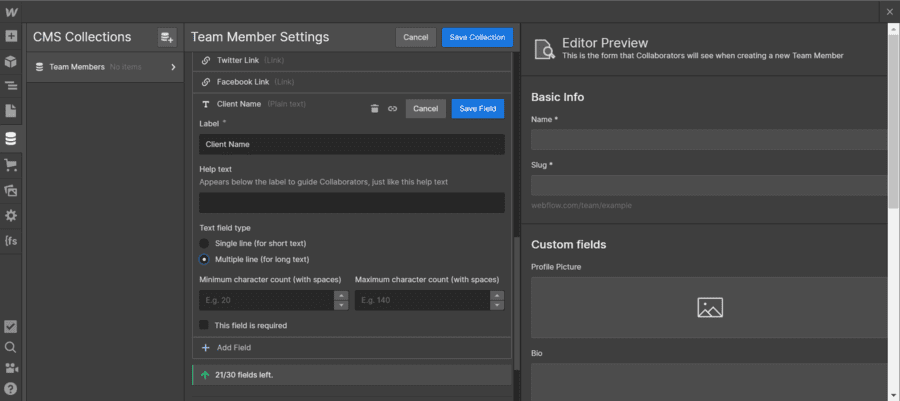 Multiple line option dans collection CMS Webflow