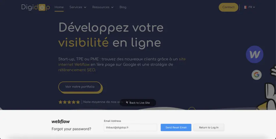 réinitialiser mot de passe compte éditeur webflow