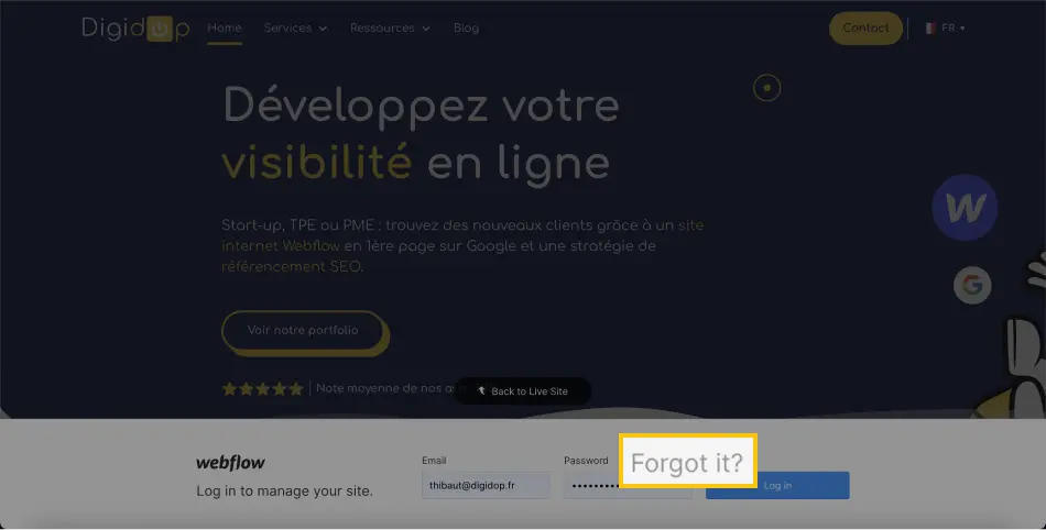 mot de passe oublié compte éditeur webflow