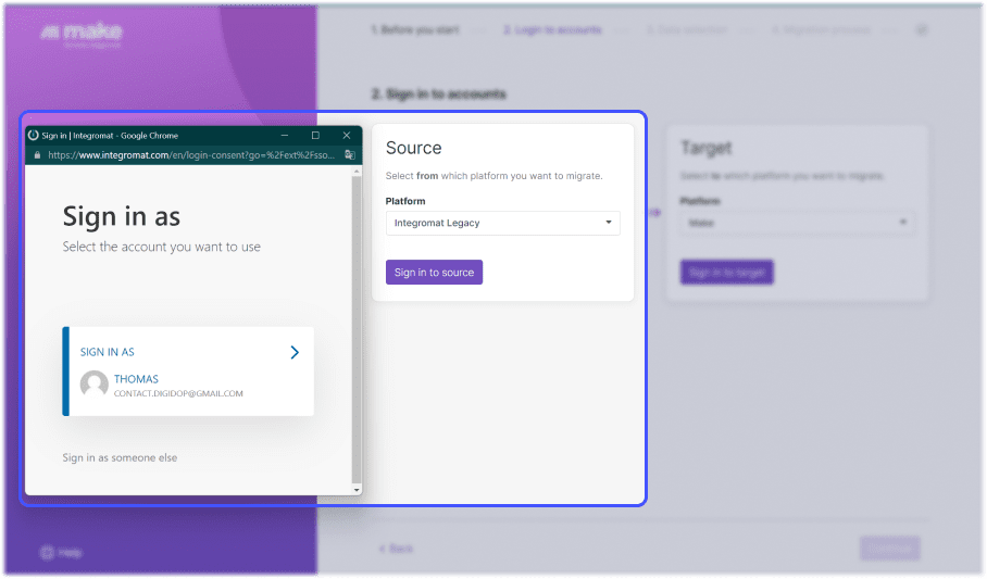 Interface de l'outil de migration integromat vers make avec focus sur le choix de la source