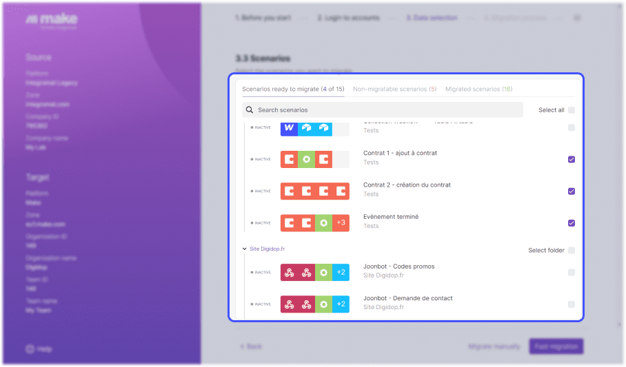 Interface de l'outil de migration integromat vers make focus choix des scenarios à mirger