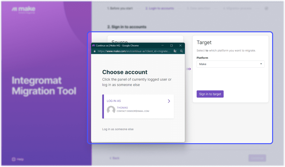 Interface de l'outil de migration integromat vers make avec focus sur l'interface le choix du compte cible