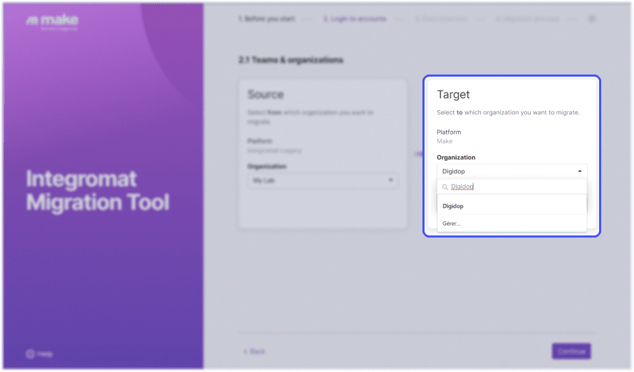 Interface de l'outil de migration integromat vers make focus choix de l'organisation et équipe cible