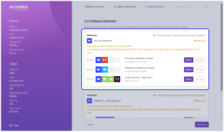 Interface de l'outil de migration integromat vers make focus scenarios erreur