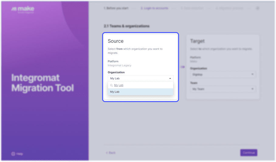 Interface de l'outil de migration integromat vers make focu sur le choix de l'organisation source