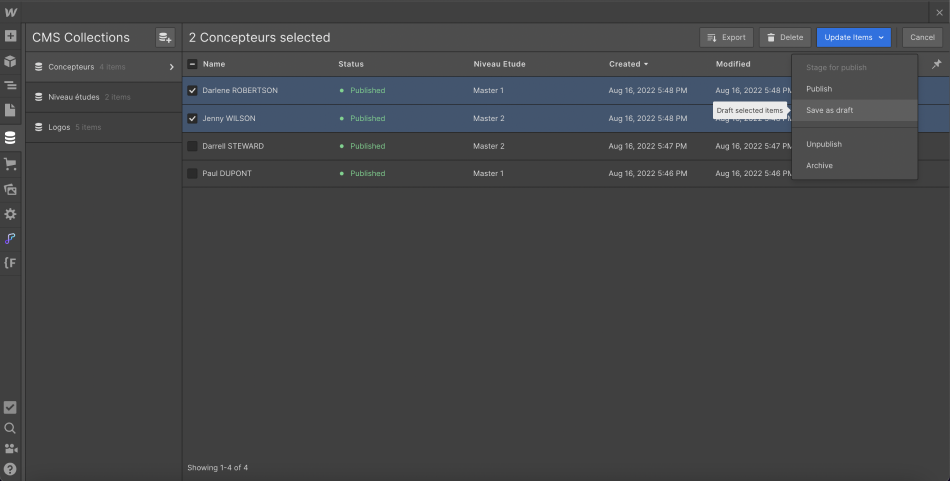 Mettre à jour plusieurs items en même temps webflow designer
