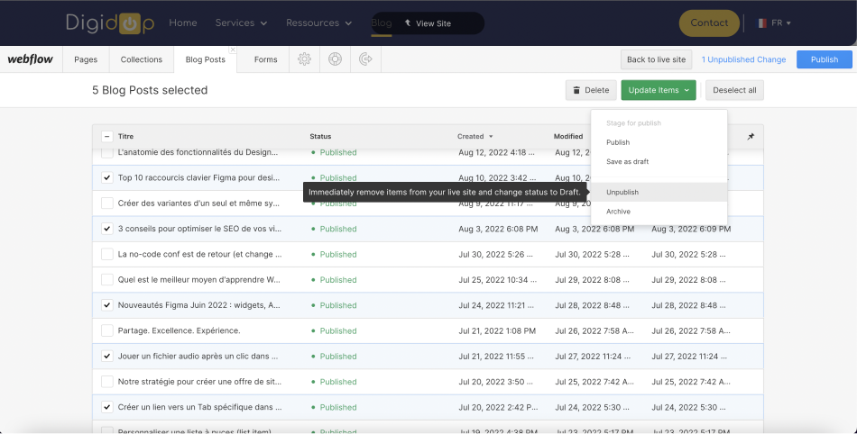 mettre à jour plusieurs items en même temps mode éditeur webflow