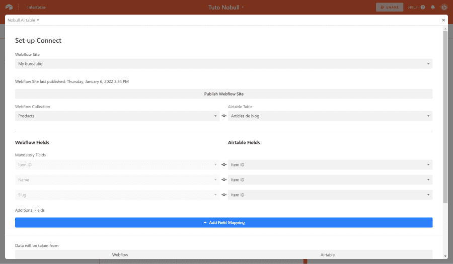Interface de paramétrage de Webflow et Airtable avec Nobull