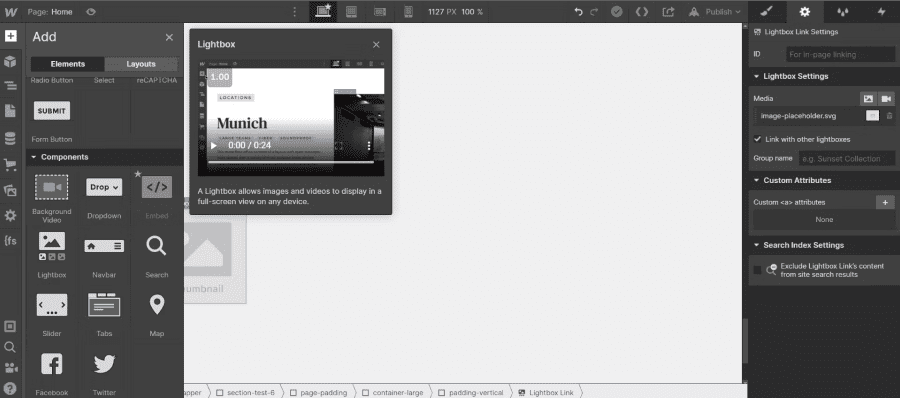 élément lightbox dans Webflow