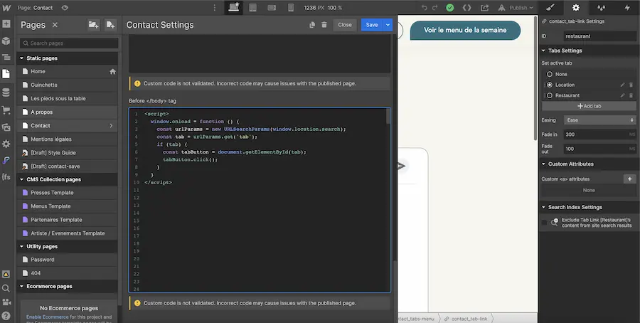 ajout code personnalisé pour lien vers tab spécifique webflow