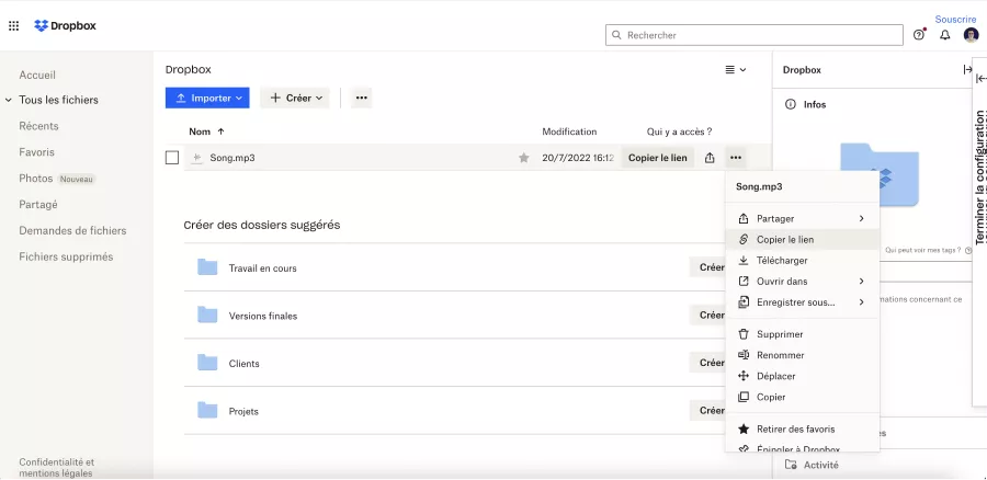 copier lien fichier audio dropbox