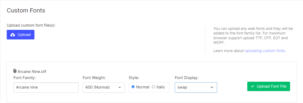 Upload une police personnalisée dans la section Custom Fonts de Webflow