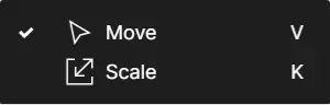 fonctionnalités move et scale de figma avec icones et lettres V et K en blanc sur fond noir