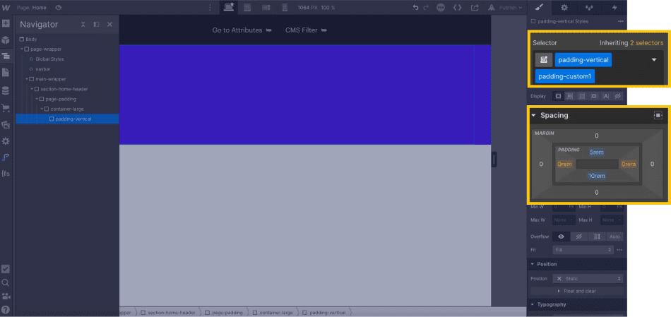 div padding vertical avec combo padding custom padding top 5 rem et padding bottom 10 remu