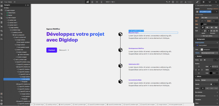 Ajout de la classe text-gradient-purple à différents textes dans Webflow