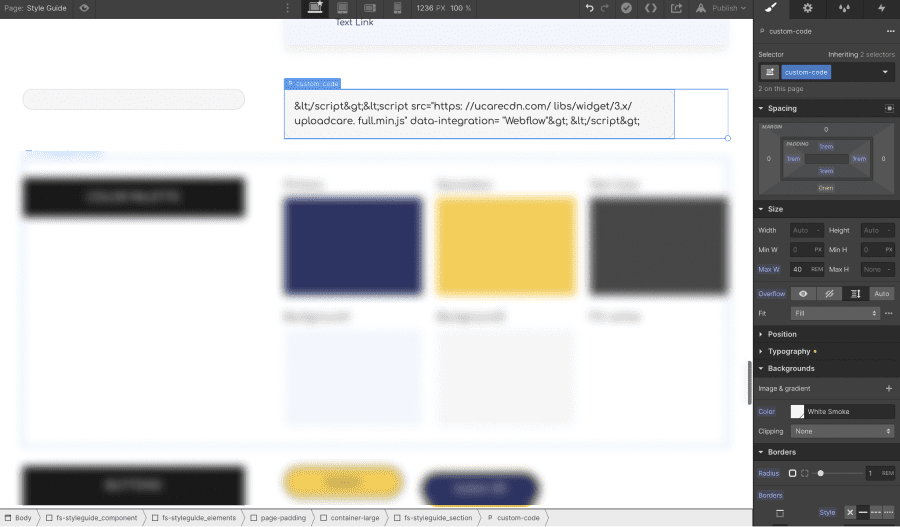 Création d'une classe .custom-code dans le desginer de Webflow
