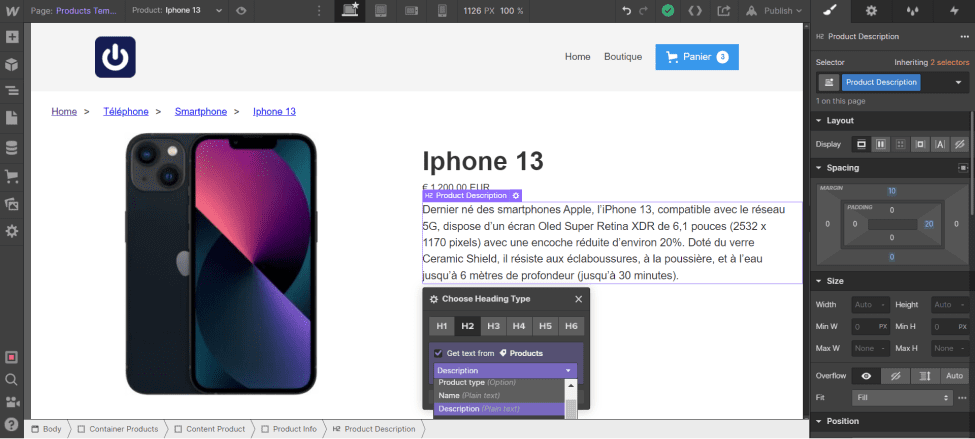 Insertion de la description du produit de façon dynamique avec un heading H2 dans la Page "Products Template" dans Webflow Ecommerce