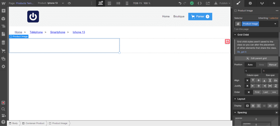 Insertion d'un div bloc dans la première colonne de la grid dans la Page "Products Template" dans Webflow Ecommerce 
