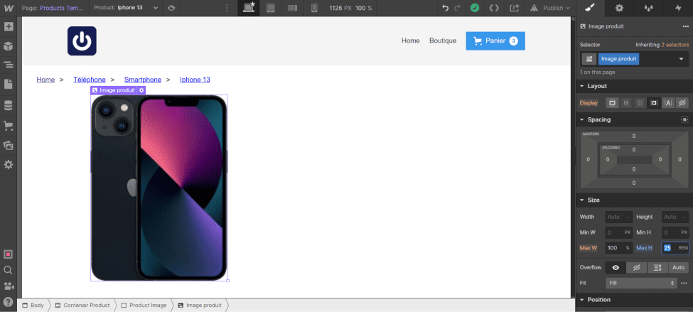 Resize de la Max H en REM de l'image produit dans la Page "Products Template" dans Webflow Ecommerce