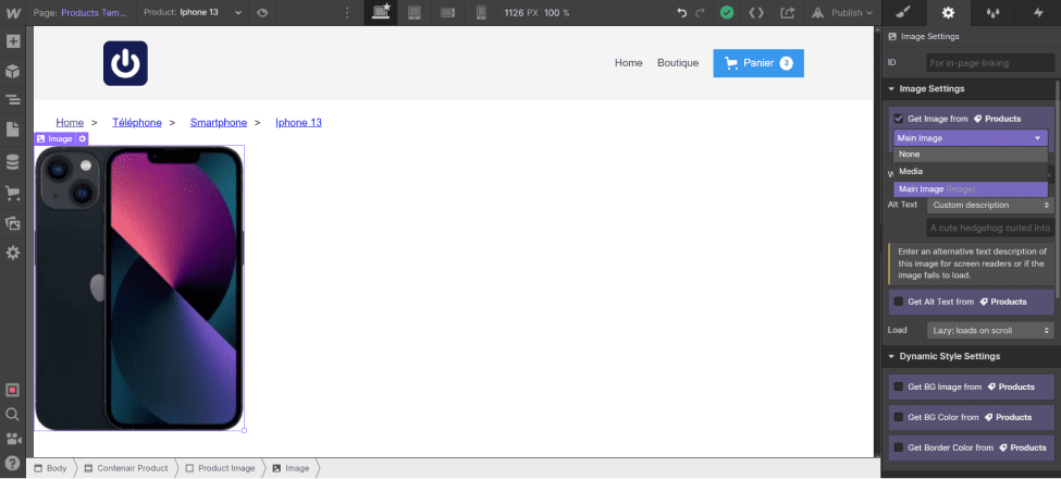 Insertion de l'image du produit de façon dynamique dans la Page "Products Template" dans Webflow Ecommerce