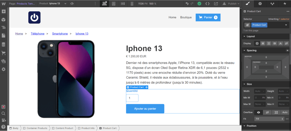 Insertion du block "add to cart" dans la Page "Products Template" dans Webflow Ecommerce