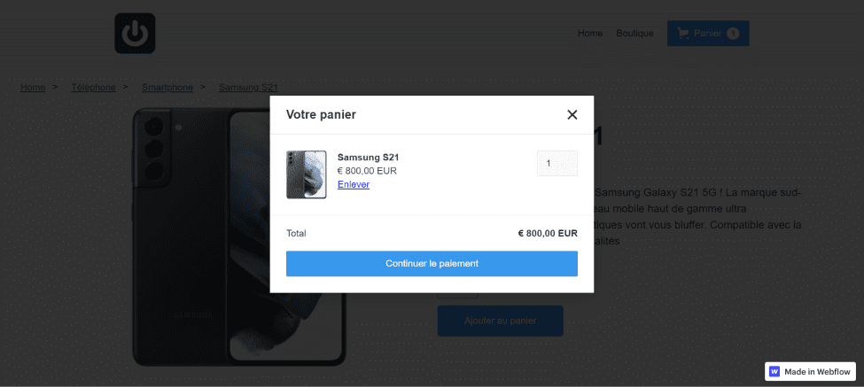 Test de l'ajout au panier d'un produit grâce au template products de webflow ecommerce