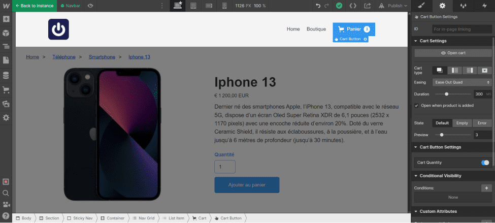 Ajout de l'élement Cart dans la navbar dans la page "Products Template" dans Webflow Ecommerce