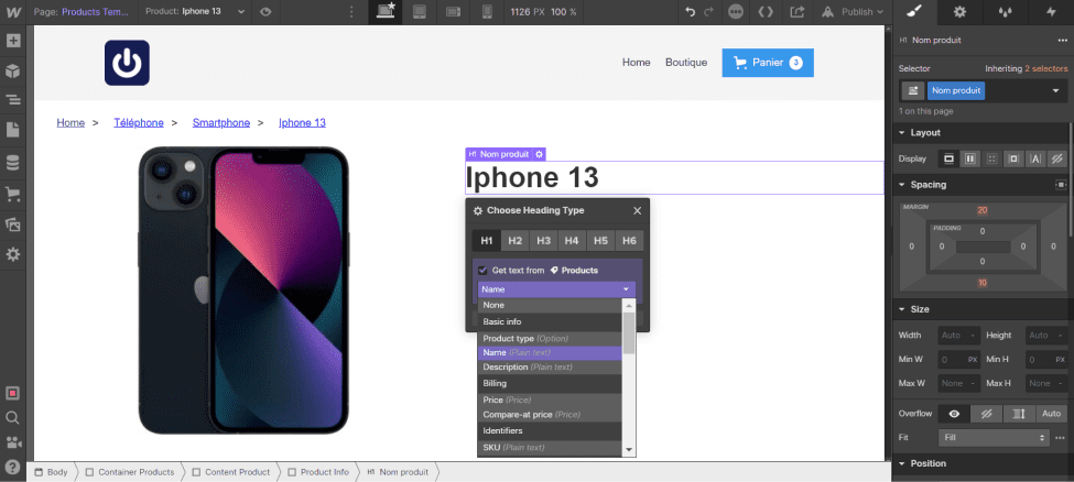 Insertion du nom du produit de façon dynamique avec un heading H1 dans la Page "Products Template" dans Webflow Ecommerce