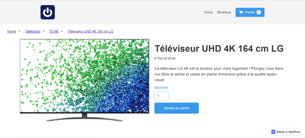 Résultat de l'exemple du template d'une deuxième page produit conçue avec Webflow Ecommerce