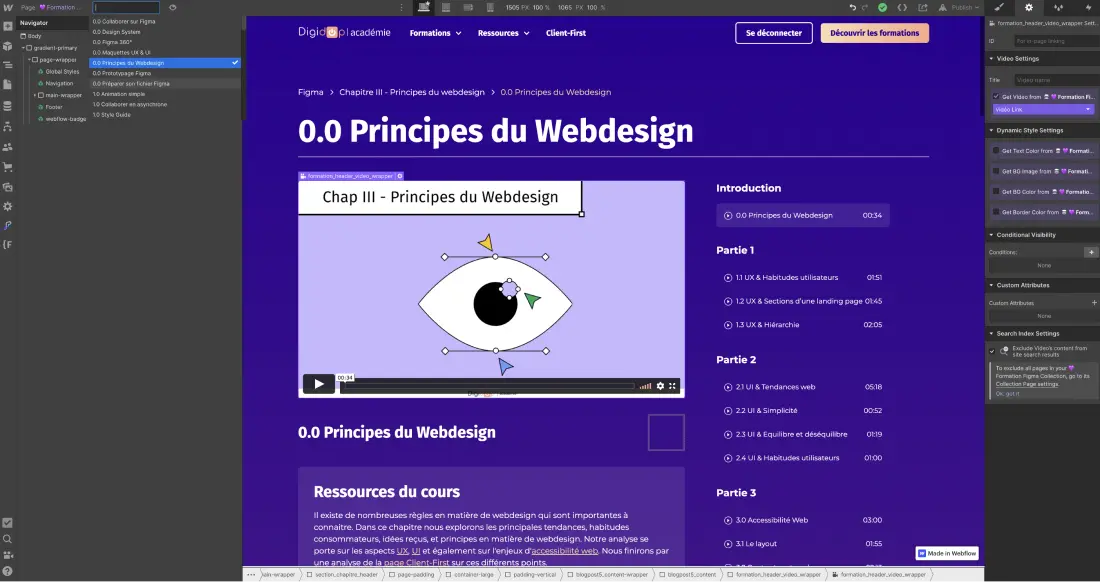 Page de formation dynamique dans Webflow