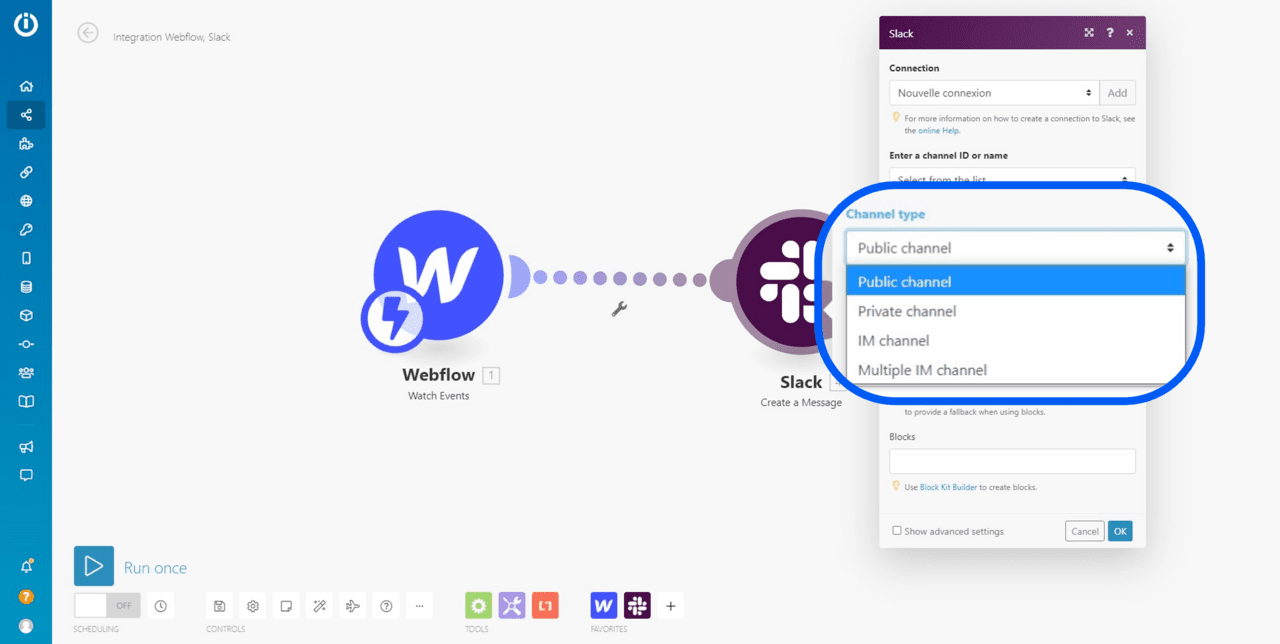 Choix du type de canal Slack utilisé pour l'automatisation Integromat