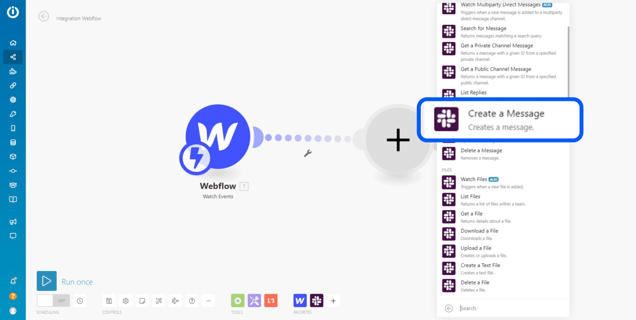 Ajout du module slack dans l'interface d'automatisation Integromat