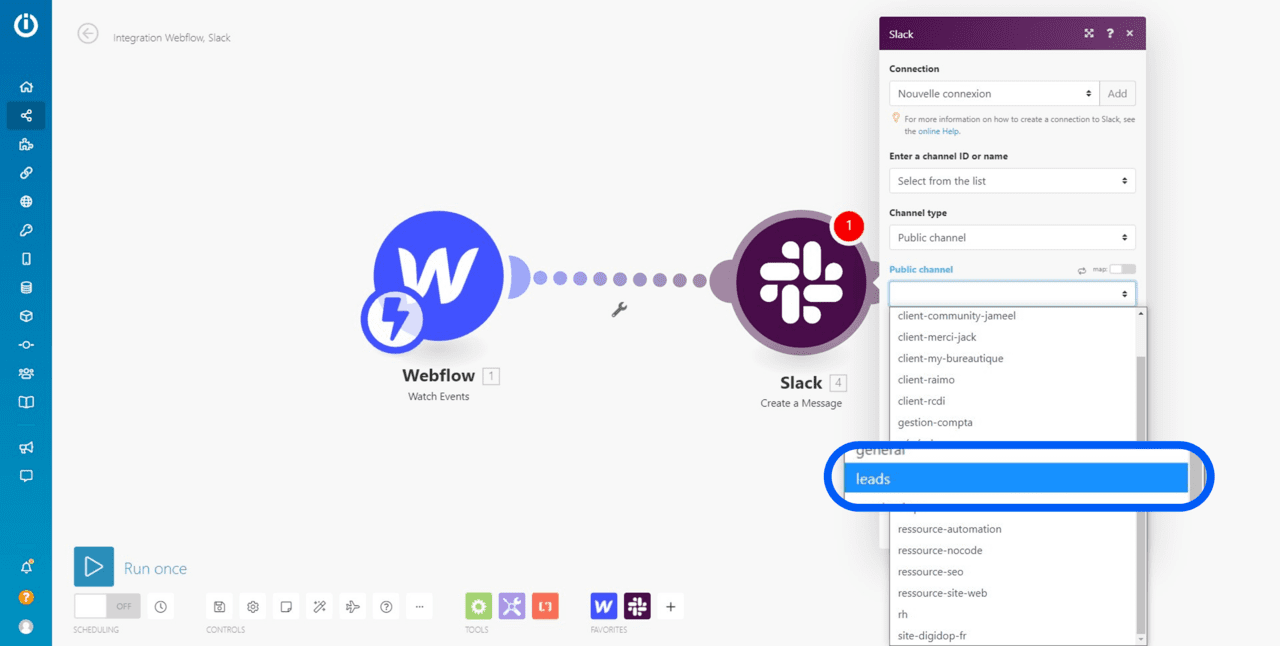 Choix du canal slack dans integromat