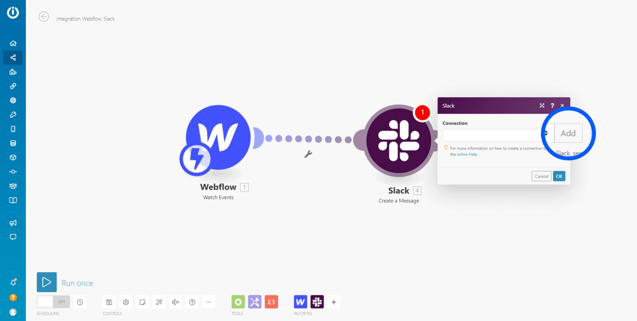 ajout d'une connexion au module slack dans Integromat