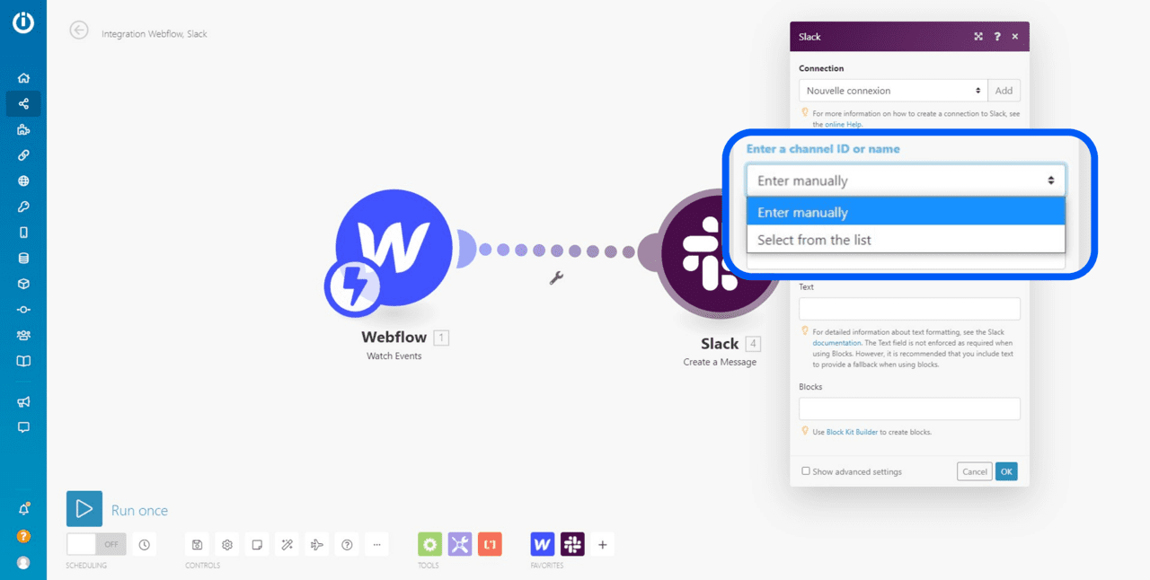 méthode de connexion slack dans Integromat