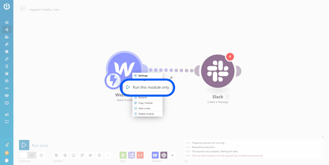 Bouton pour lancer le module webflow depuis l'epace de travail integromat