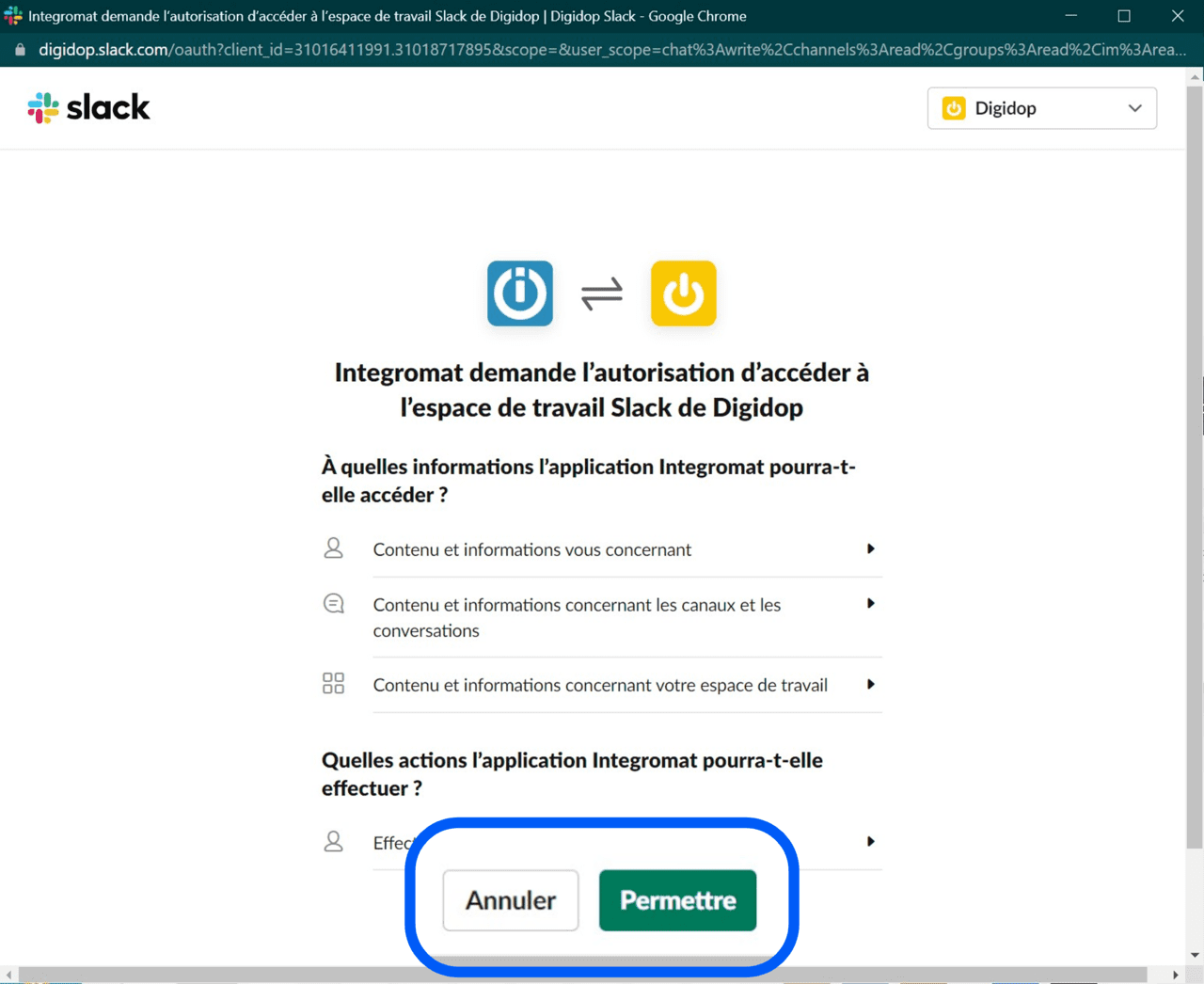 Autorisations d'accès Integromat à slack
