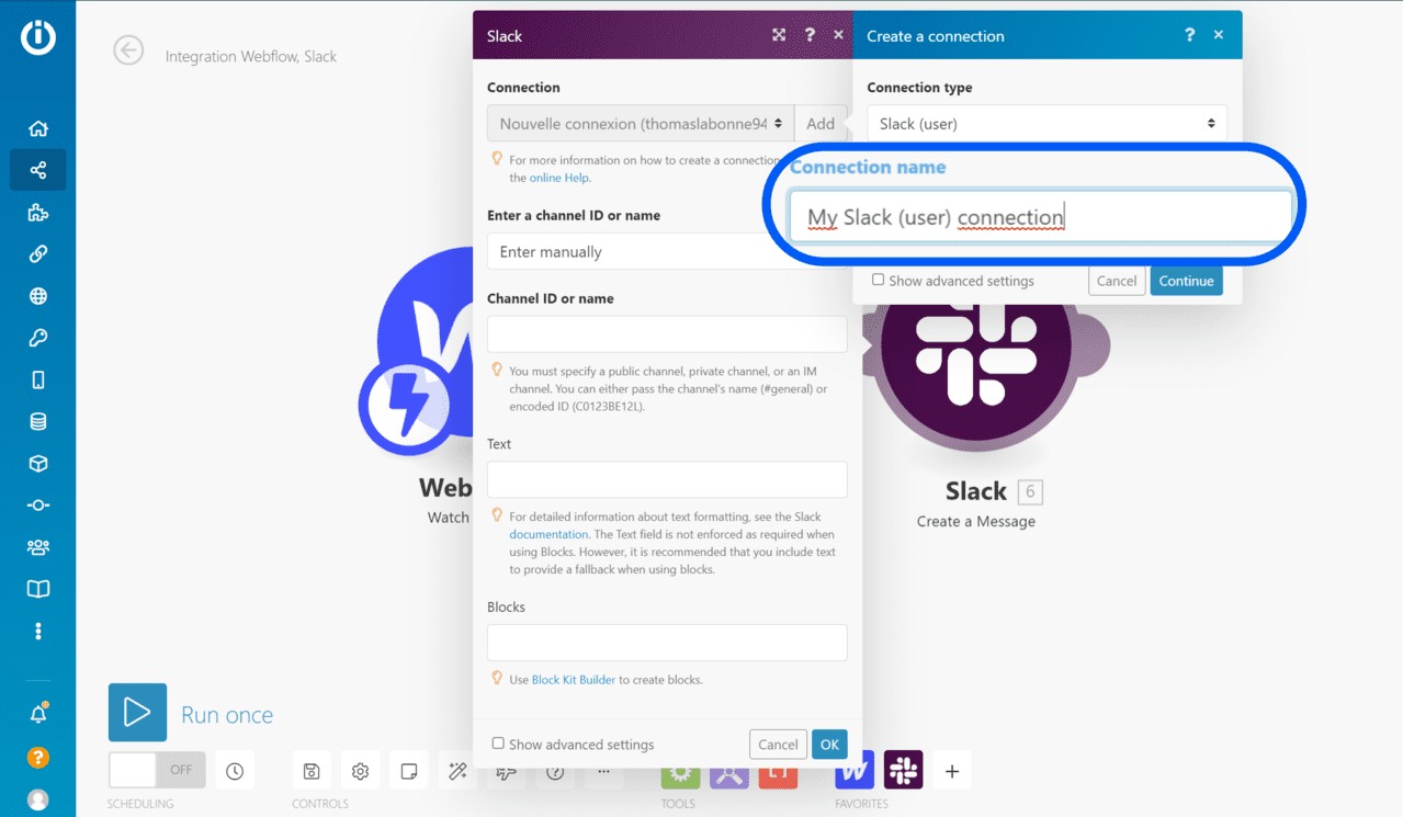 Renommer sa connexion slack dans Integromat