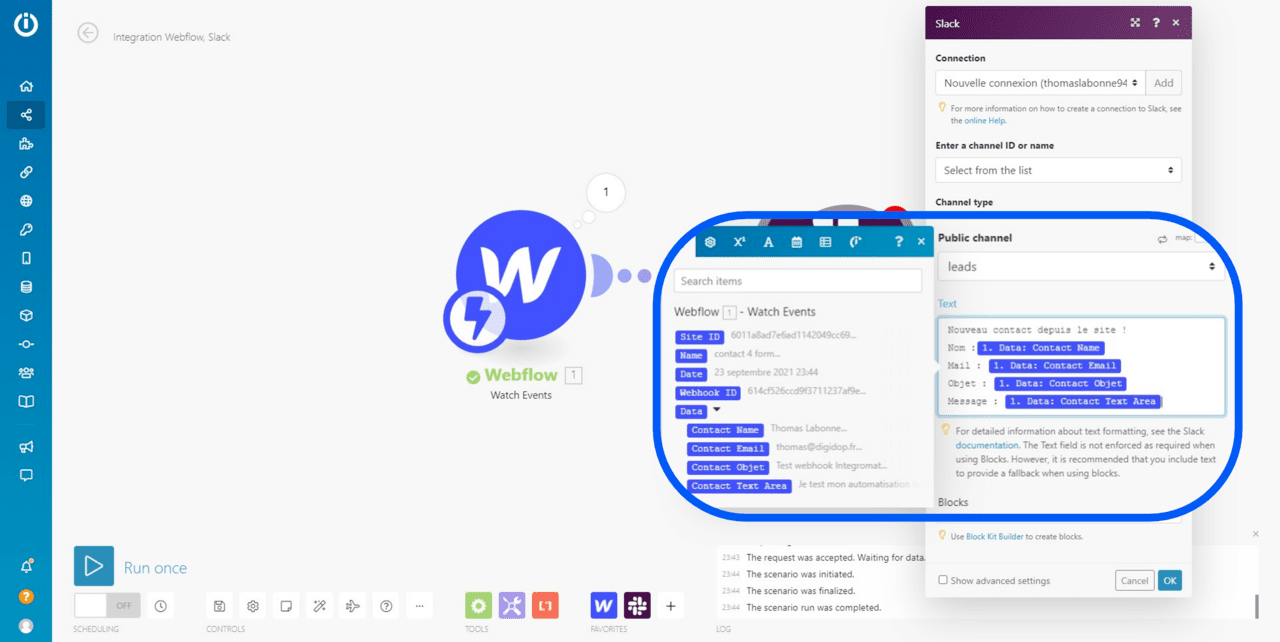 Balisage du message slack dans l'automatisation integromat