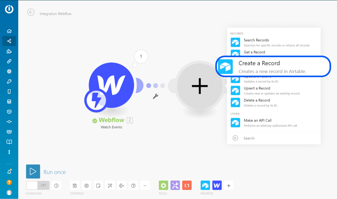 Choix d'une action "create a record" pour le module Airtable depuis l'espace de travail Integromat.