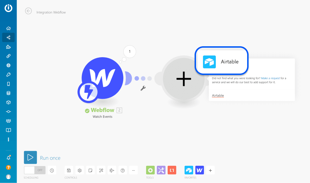 Connexion du module Airtable avec le module Webflow dans Integromat