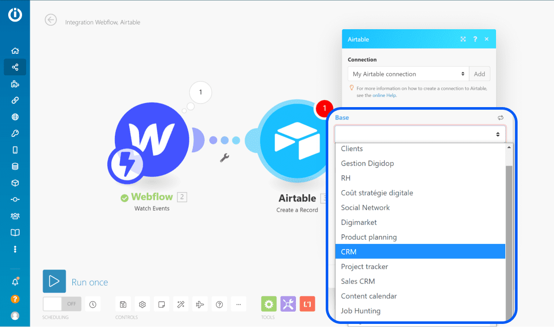 Liste déroulante à choix multiple sur le module Airtable depuis l'espace de travail Integromat