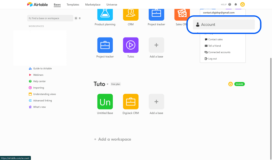 Bouton "account" dans l'espace de travail Airtable